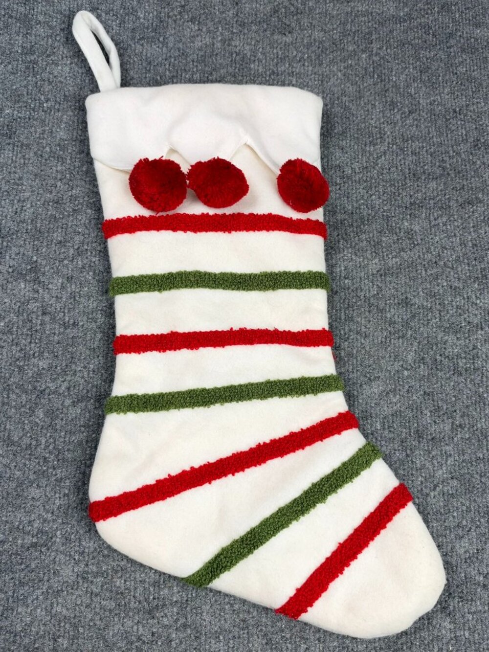 Holiday Christmas Stocking 18" White Striped Red Green Pom Poms Plush Cuff Loop